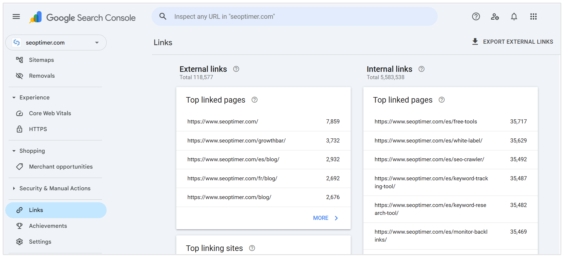 Links section in Google Search Console